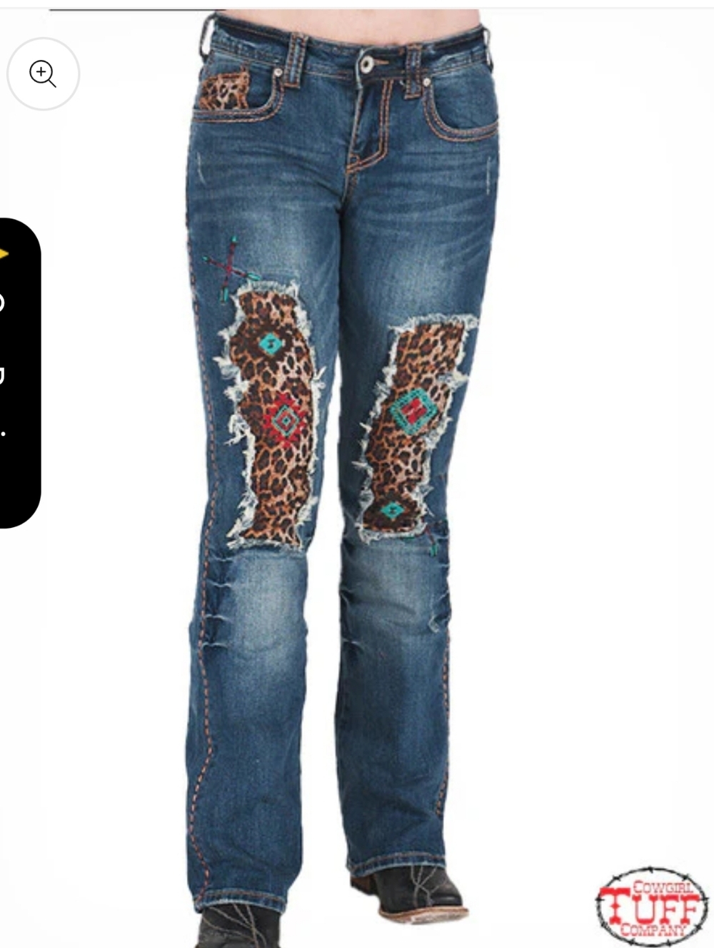 Cowgirl Tuff Blue Denim Boot Cut Jeans with Leopard Patch & Turquoise Accents
